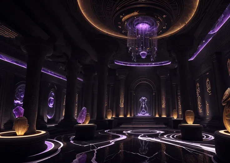 incredible black luxurious futuristic interior in Ancient Egyptian style with lotus flowers, palm trees, hieroglyphics, amethyst, rocky walls, sand, marble, precious minerals, metals, gemstones, crystals, clouds and water, crocodiles, ultra luxury, black m...