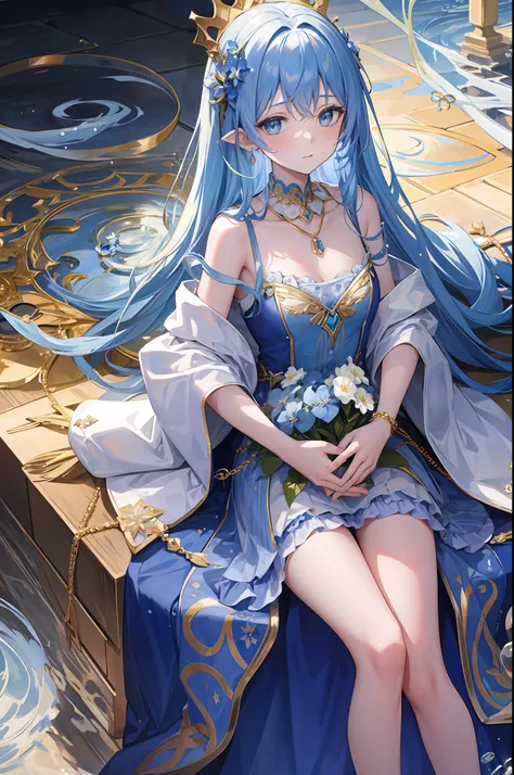 the crown woven with golden silk thread is worn between the ice blue hair, the ears behind the hair have pointed ears, the girl ...