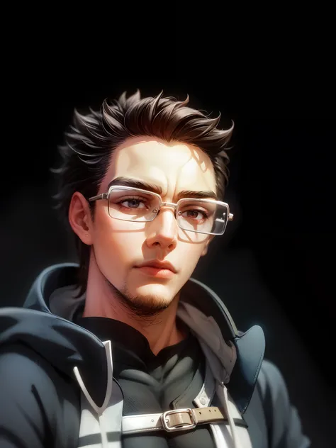 Chinese, simple white background, 8k, with a man in glasses and a hoodie sitting down (masterpiece, best quality: 1.2), cowboy shot, white glasses, male focus, 1boy, muscle man, serious, shut up , looking at the audience --v 6