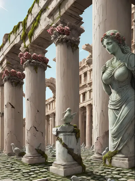 ((giant rose statue)) ((cracks)), very old, old dust, background of roman columns, petrified birds, petrified dry moss, muted an...