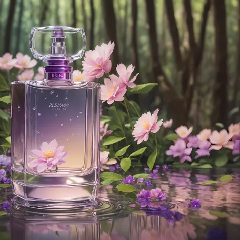 a luxurious perfume bottle, a third of the size of the picture, bionics, hyper-realism, photo, photo composition, forest, flower...