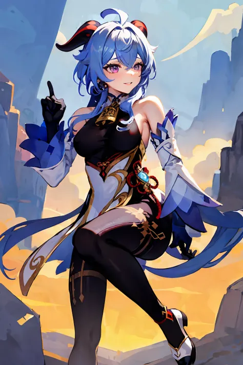 masterpiece, best quality, 1girl, solo, long hair, breasts, smile, bangs, gloves, bare shoulders, medium breasts, blue hair, purple eyes, ahoge, pantyhose, sidelocks, parted lips, detached sleeves, horns, black gloves, black pantyhose, bell, neck bell, whi...