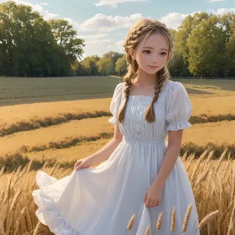 1girl dressed in a cute, country-style dress with braided hair, standing in a rustic farm setting. she has a soft, gentle smile ...