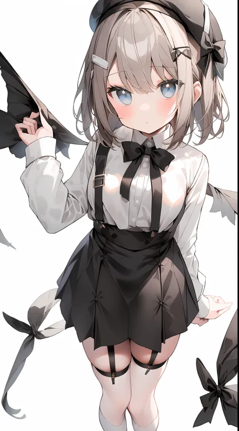 light brown short hair, black beret, white long-sleeved shirt, black suspender skirt, black bow tie, cute girl, cute, expression...