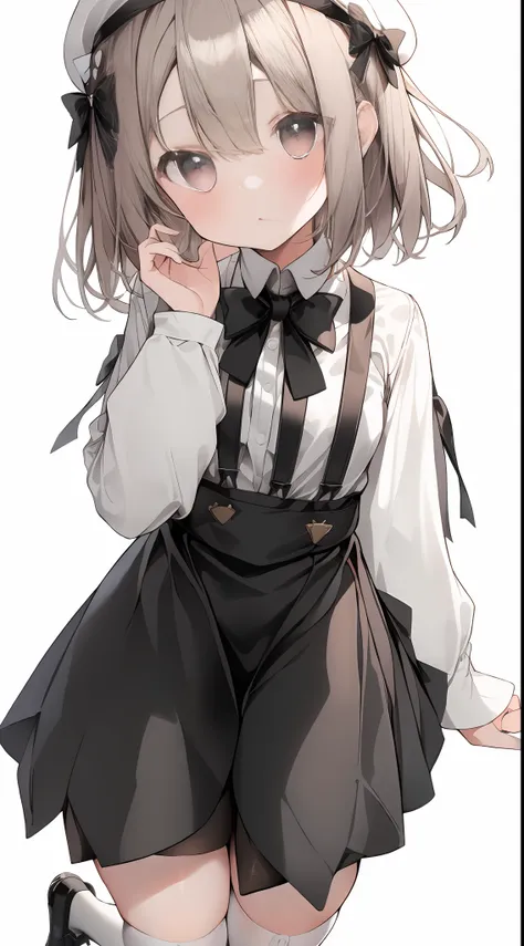 light brown short hair, black beret, white long-sleeved shirt, black suspender skirt, black bow tie, cute girl, cute, expression...