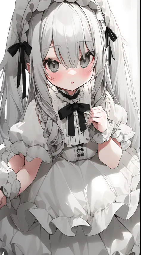 (grey long hair: 1.2, cute little lolita), (pure white lolita + cute cute cute cute cute cute cute cute cute: 1.3), (black eyes ...