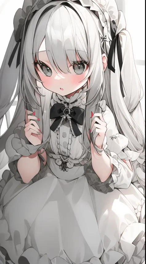 (grey long hair: 1.2, cute little lolita), (pure white lolita + cute cute cute cute cute cute cute cute cute: 1.3), (black eyes ...