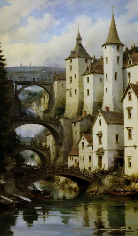 Oil painting, oil masters, oil paint brushstrokes, John Singer Sargent, Paul Paul, Ruben Santoro, impressionist oil painting, there is a painting of a town with a bridge and a river, medieval fantasy town, steam Punk village castle, fantasy town setting, f...