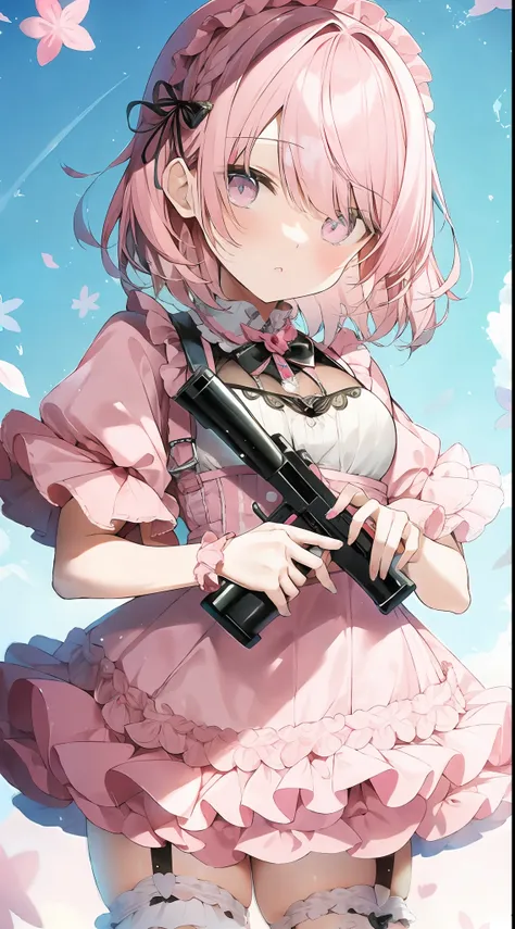 (Pink short hair, cute little lolita), holding a pistol, handsome, cute, expressionless, (impasto)