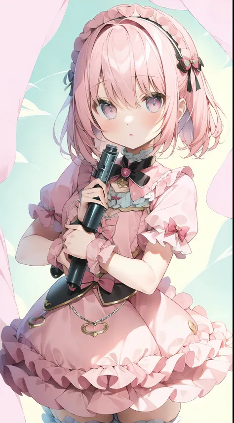 (Pink short hair, cute little lolita), holding a pistol, handsome, cute, expressionless, (impasto)