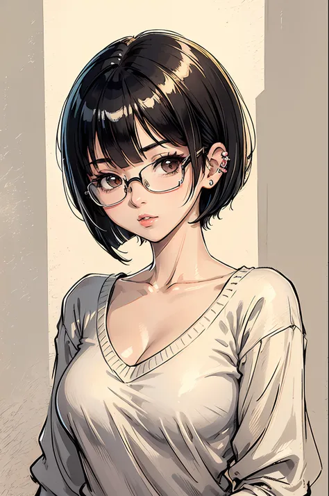 (masterpiece:1.2, best quality), (dinamic lighting) 1lady, solo, short hair, big breasts, (shiny skin:1.2), upper body, glasses, modern, black bob cut hair,, flower on ear, harajuku style, hair pin, loli , v neck sweater, scar on eye