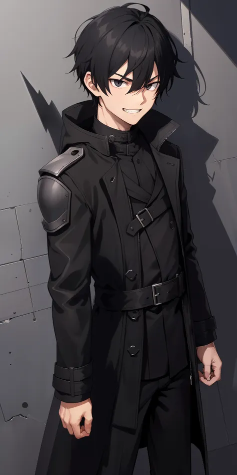 1boy, evil grin, black hair, black eyes, black slim armor, shadows, black trench coat