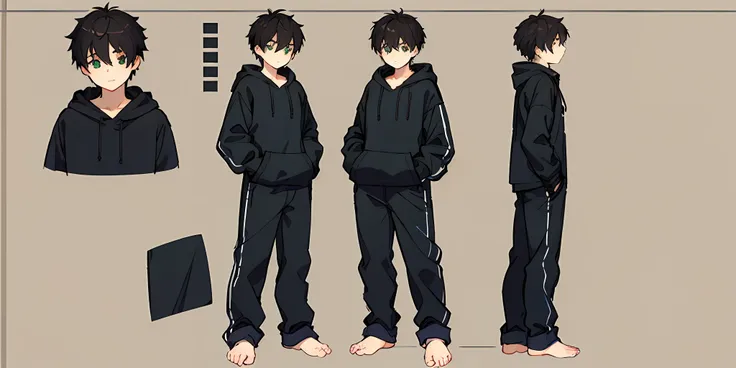 photo of 19 years old boy , wearing black hoodie, character sheets, highlighted short hair, highly detailed green eyes ,soft whi...