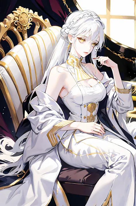 White haired woman, golden eyes, white victorian dress, white skin, elegant, royalty, young woman, alone, mature, beautiful
