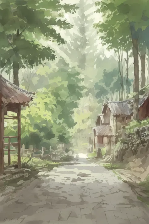 Watercolor painting, small path of Chinese rural houses, trees, bright sun, shade,