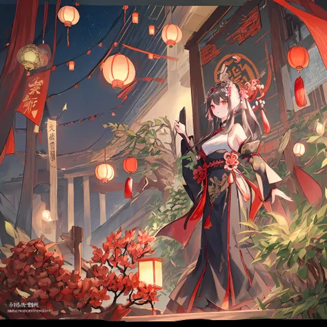 an Chinese ink painting , ancient Chinese architecture ,1 ancient Chinese girl ,standing beside Pomegranate, pomegranate flower, pomegranate tree ,wind ::1 Chinese ancient artist Qiu Ying style , freehand brushwork , red color,falt illustaration by an Chin...