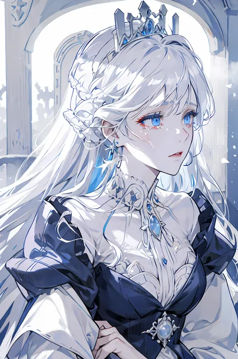 white haired woman, light blue eyes, royalty, nobility, princess, elegant, crying, grave, crying in front of a grave, tears, sob...