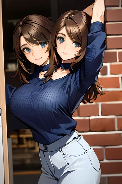 2heads, tribreasts, solo, close up, posing, long brown hair, blue sweater, outside,