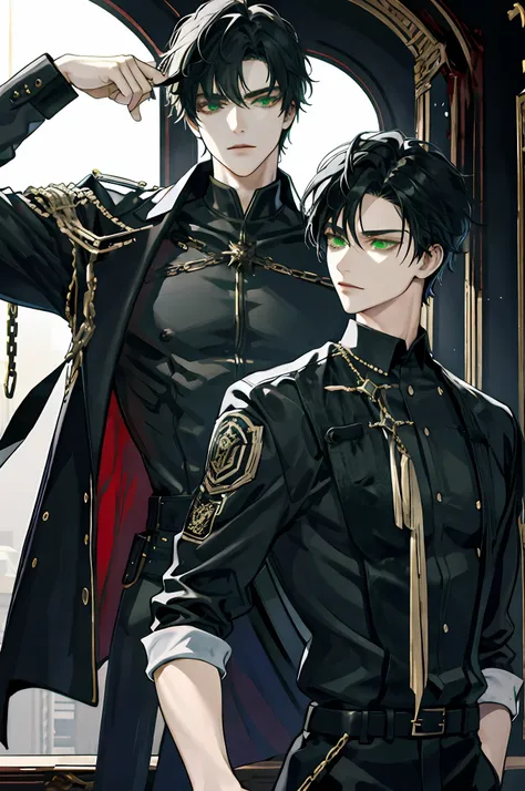 Black Haired Man, Green Eyes, Bad Boy, Masterpiece, Mature Man, Royalty, Nobility, Blood, Darkness, Lights, Fantasy, Stars, High Quality, Highly Detailed, Chained, Jail