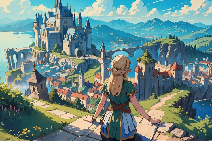 masterpiece, best quality, elf girl on top of a cliff, overlooking a big city with castle at the side of a mountain, aerial view...