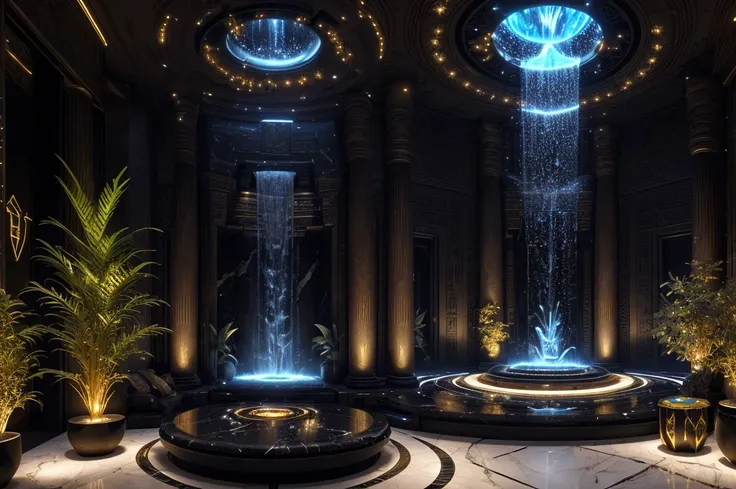 incredible black luxurious futuristic interior in Ancient Egyptian style with many ((lush plants)) (lotus flowers), ((palm trees)), ((african flowers and plants)), rocky walls, ((sand)), ((waterfalls)) (marble), ((precious minerals)), ((metals)), (gemstone...
