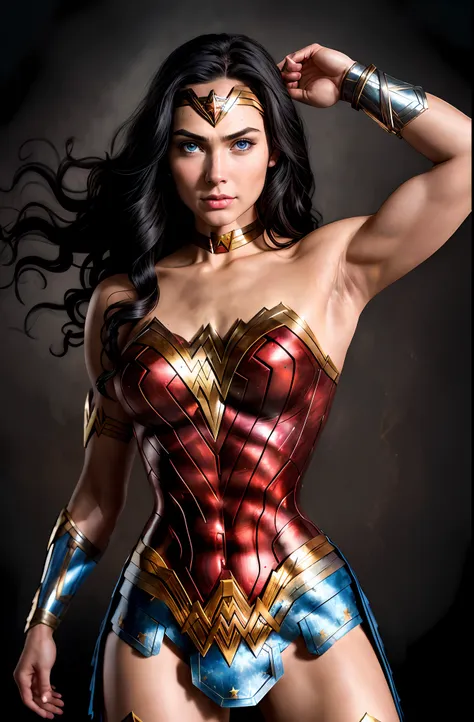 (wonder woman) powerful realistic blue eyes, shiny black hair, lips, long hair, makeup, muscular, natural skin texture, slightly...