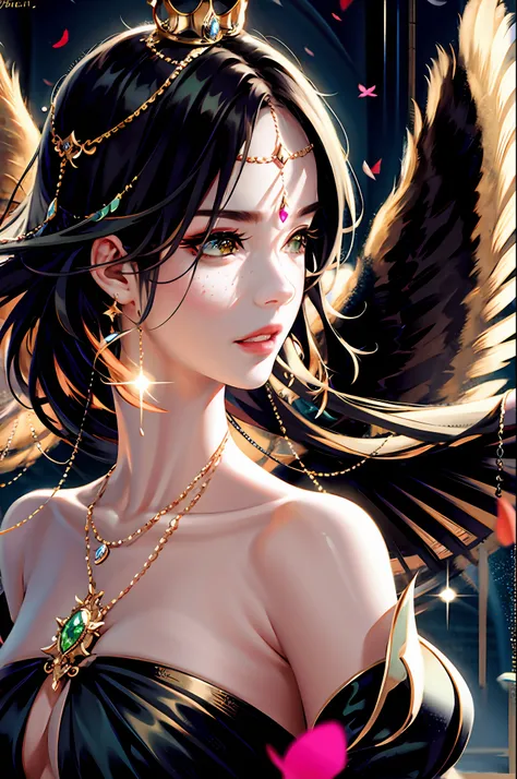 Masterpiece, best quality, beauty portrait, small breasts, complicated dress, soft smile, black lips, black, golden eyes, realism, masterpiece, archangel, angel wings, silk dress, wind, fantasy, (wlop Painting)) from artstation, glitter jewels, glare, irid...