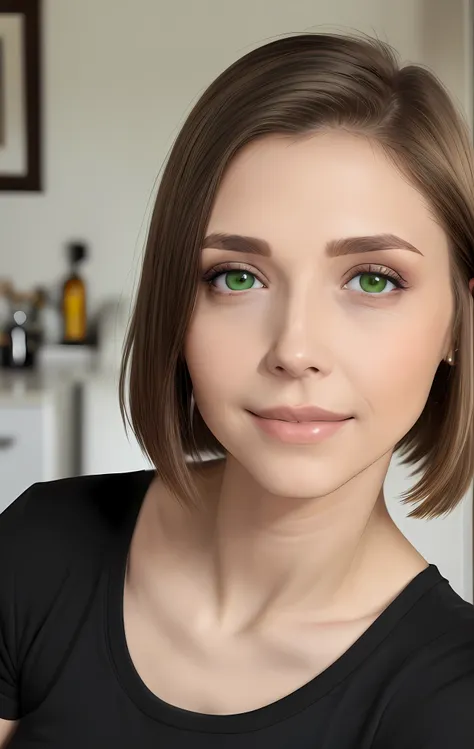 8k uhd, photorealistic, super detailed, very detailed face, detailed skin, looking on me, short brown bob, at home, (black t-shi...