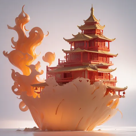 Chinese ancient building,ocean,golden red
tone,floating island, magnificent, white
background,studio lighting