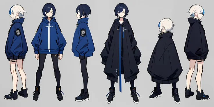 sketches of a 19 years old boy, wearing dark blue hoodie,black pant and white shoes, highlighted cool hair,high quality characte...