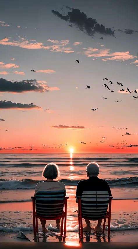 award-winning landscape photo of two gray-haired elderly couples sitting side by side on two stools at the beach watching the su...