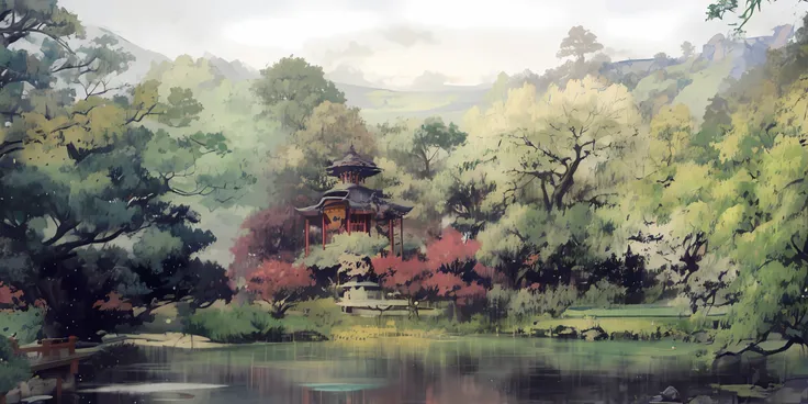 trees and shrubs around the pond, aiwan pavilion, ancient resting pavilion, anime style scenery, hayao miyazaki, highest quality...