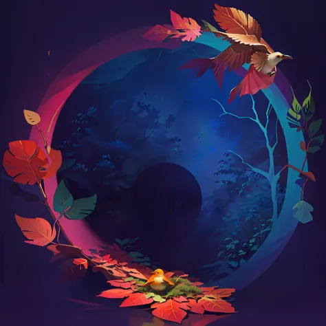 there is a round frame, round wooden frame with a bunch of leaves and a bird, beautiful digital artwork, 3d render stylized, lea...