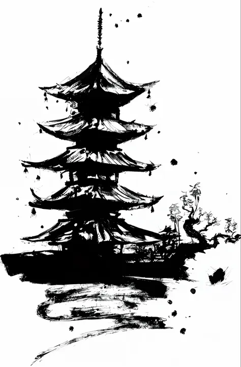 black and white, nobody, two-color, no other colors, silhouette drawing, nobody, pagoda, chinoiserie, pen and ink, brush strokes...