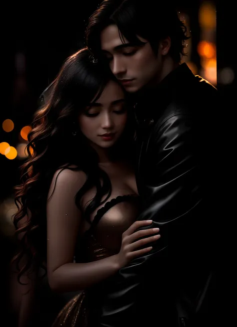 Intimate, high-quality photograph of a (couple:1.2) in the (rain:1.1), (dramatic lighting:1.1), romantic, passionate, intricately detailed clothing, (drenched:1.1) with (shimmering droplets:1.1), city background, Sony Alpha 7R IV camera, digital photograph...