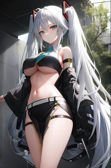 1girl, looking at the viewer, long hair, silver hair, midriff, navel, (miku), big boobs, nsfw