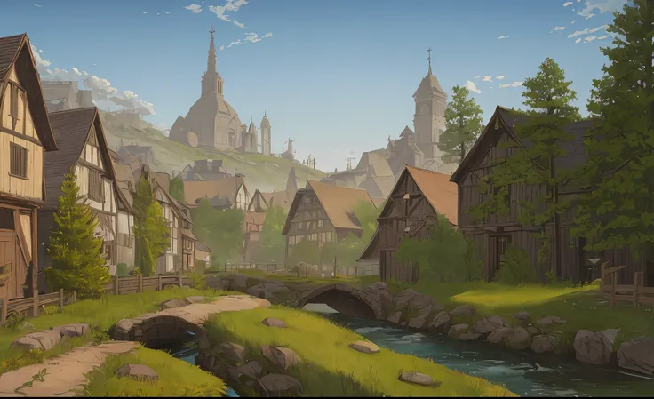 Medieval suburbs, green meadows, distant forests, medieval towns, streams, stone bridges, streets, chimneys, realistic lighting, rich textures, realistic details, a masterpiece.