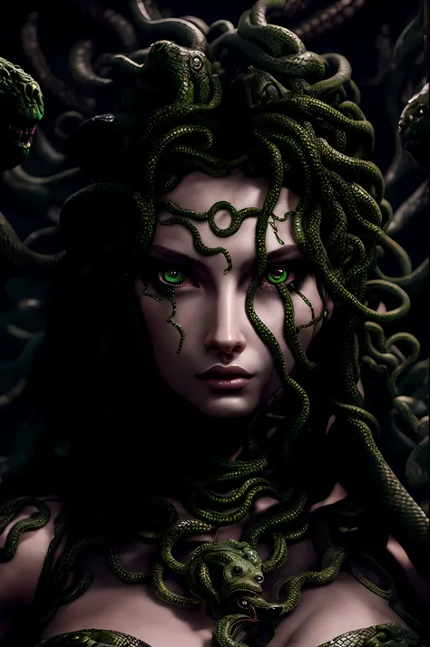 ((best quality)), ((realistic)), medusa, upper body, hair is made up of countless snakes, green eyes, female face, metal underwe...