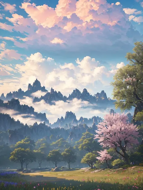 Garden China Palace, Many flowers, A few roses, clouds, dramatic clouds above, pink, dreamy ultra wide shot, atmospheric, hyper realistic, 8k, epic composition, cinematic, octane render, artstation landscape vista photography by Carr Clifton & Galen Rowell...