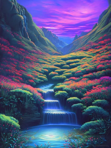 A wonderously small luminous brook winds through a midnight-blue meadow landscape, tiny blue-green gleaming life teems everywhere, distant mythical floral hills, serene overcast evening skies, cinematic, by Alena Aenami, Anna Dittmann, Andreas Rocha, Asher...