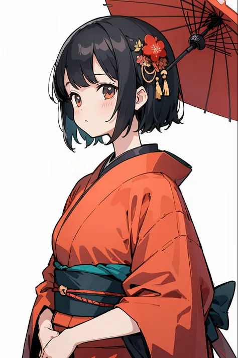 (finely best quality illustration:1.2), (kawaii girl:1.0), (1girl, solo:1.0), (black short hair:1.0), (red kimono:1.0), (upper b...