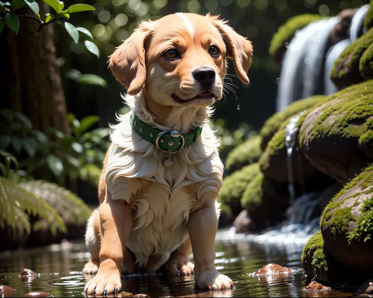 "(extremely detailed, best quality) um cachorro brincando com muita felicidade em uma cachoeira, (depth of field:1.2, wide shot,...