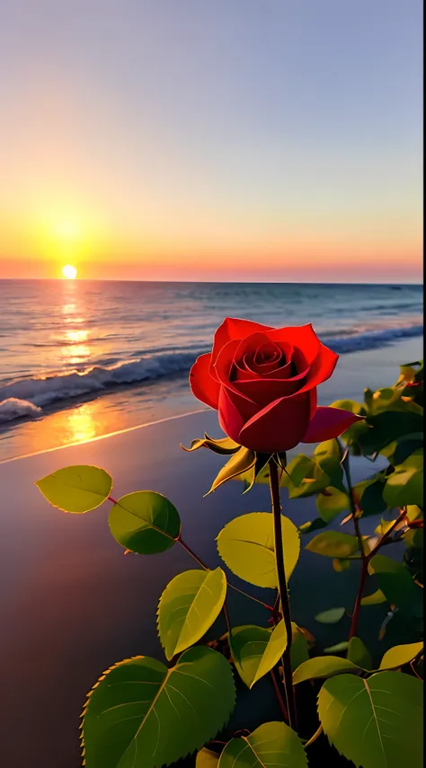 Close-up shot, a rose flower, the background is the gorgeous sunset by the sea, real texture, warm