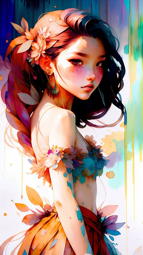 wtrcolor style, digital art of (jasmine), official art, blown by the wind, masterpiece, beautiful, ((watercolor)), paint splatte...