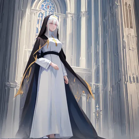 ((masterpiece)), ((best quality)), ((ultra-detailed)), illustration, a woman with white hair and golden pupils, solo, mature, 25 years old, priest, nun, wearing a blue western classical dress , without any exposure, wearing a white cloak, facing the viewer...