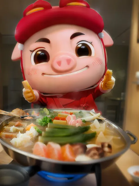 cartoon style, (gg bond) pig's nose, japanese hot pot, indoor,