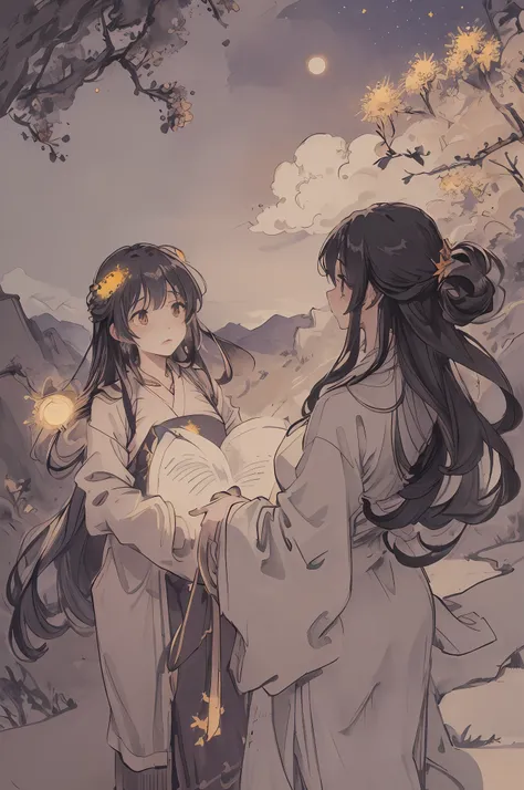 "A breathtakingly beautiful masterpiece of the highest quality featuring a woman with long hair in silhouette against a night sky on a hill with clouds and a full moon. The scene is represented with visible wind and dotted with sparkling fireflies and star...