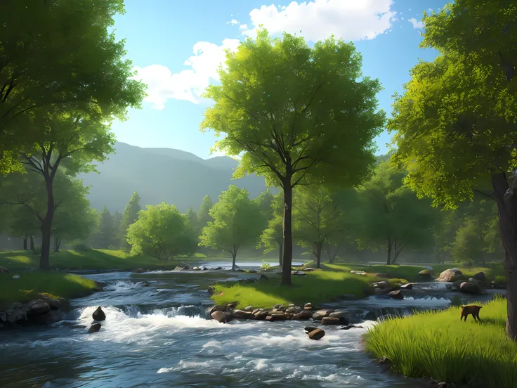 A peaceful place, very pleasant, squirrels chasing rabbits, elk drinking water by the river, fish in the water, birds flying in the sky, nests in the trees, beautiful, calm, beautiful scenery. photorealistic, 8k uhd, studio quality, ultra realistic, maximu...