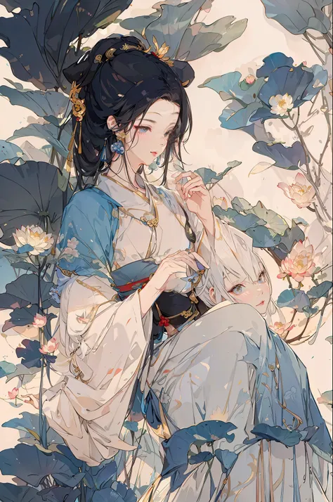 An ancient Chinese beauty sitting on a stone, wearing ancient Chinese clothing, flowing tulle, light silk, lazy posture, large lotus leaf, lotus, ink painting style, clean color, decisive cutting, blank, freehand, masterpiece, super detailed, epic composit...