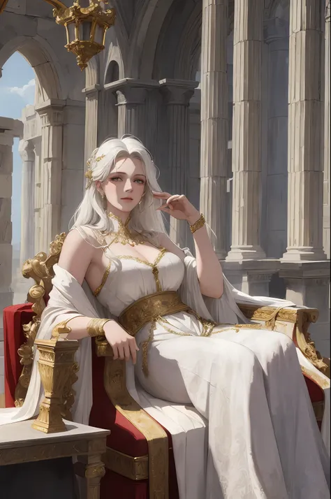 ((masterpiece)), ((best quality)), ((ultra-detailed)), illustration, ancient greece, a woman with white hair and golden pupils d...